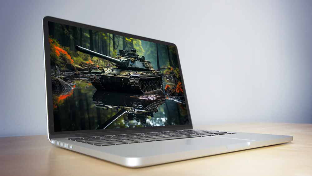 Char militaire traversant un ruisseau de forêt avec un reflet parfait Fond d'écran HD 4K gratuit