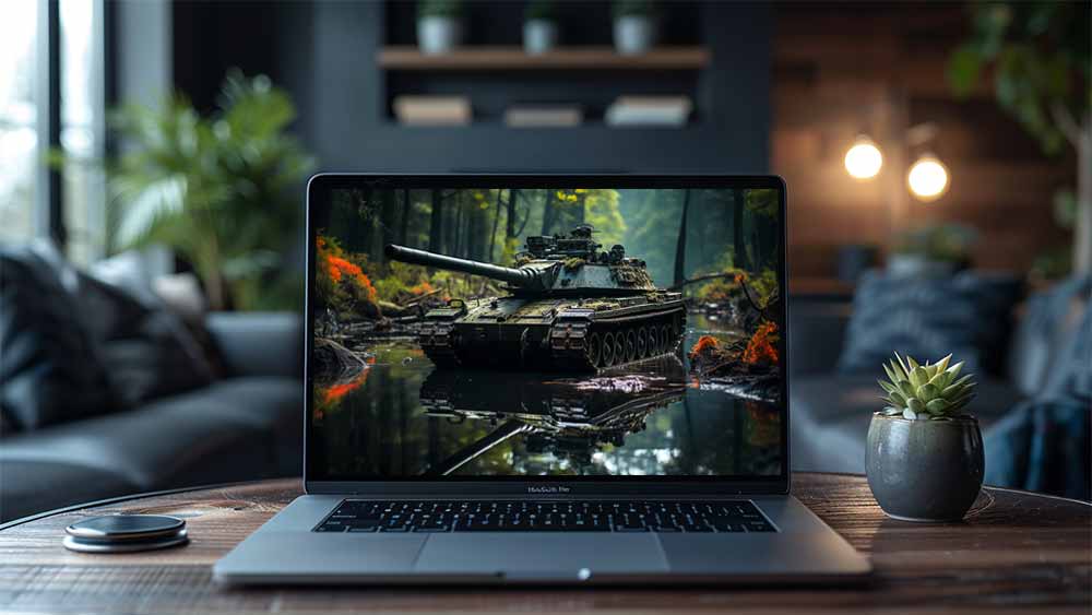 Char militaire traversant un ruisseau de forêt avec un reflet parfait Fond d'écran HD 4K gratuit