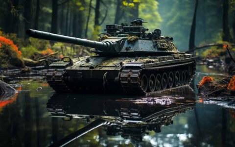 Char militaire traversant un ruisseau de forêt avec un reflet parfait Fond d'écran HD 4K gratuit