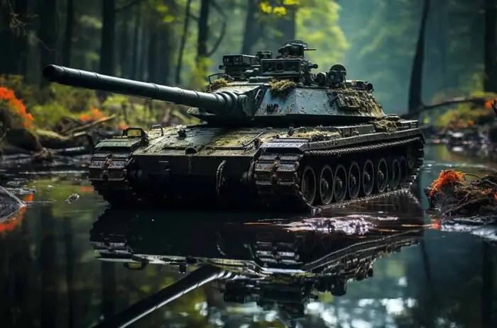 Char militaire traversant un ruisseau de forêt avec un reflet parfait Fond d'écran HD 4K gratuit