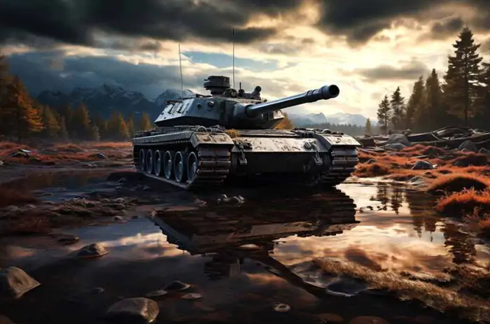 Powerful tank wallpaper 4K HD in a dramatic landscape.