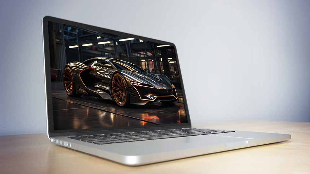 Concept futuriste de voiture supercar noir et orange dans une salle d'exposition high-tech Fond d'écran HD 4K gratuit
