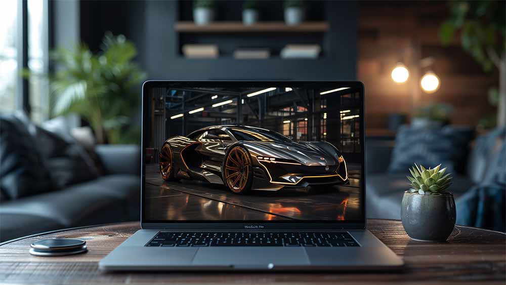 Concept futuriste de voiture supercar noir et orange dans une salle d'exposition high-tech Fond d'écran HD 4K gratuit