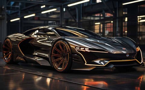 Concept futuriste de voiture supercar noir et orange dans une salle d'exposition high-tech Fond d'écran HD 4K gratuit