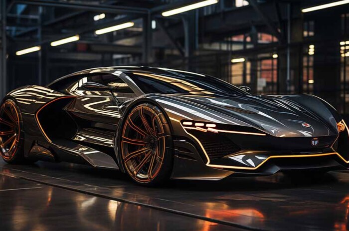 Concept futuriste de voiture supercar noir et orange dans une salle d'exposition high-tech Fond d'écran HD 4K gratuit