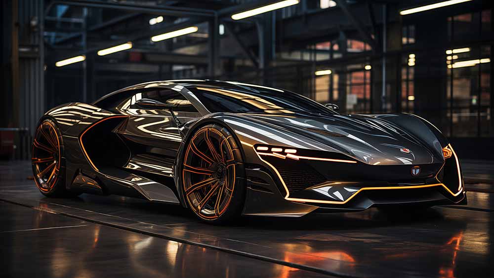 Concept futuriste de voiture supercar noir et orange dans une salle d'exposition high-tech Fond d'écran HD 4K gratuit