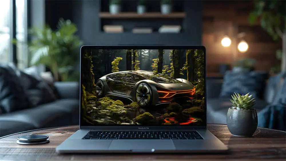 Concept de voiture écologique futuriste dans la forêt brumeuse, fond d'écran HD 4K HD gratuit