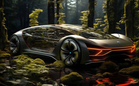 Concept de voiture écologique futuriste dans la forêt brumeuse, fond d'écran HD 4K HD gratuit