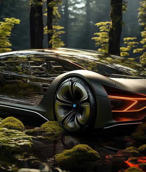 Futuristic eco-friendly concept car in misty forest, HD wallpaper 4K HD