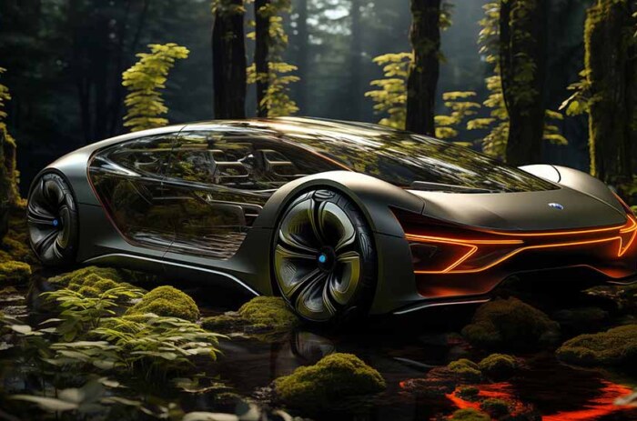 Concept de voiture écologique futuriste dans la forêt brumeuse, fond d'écran HD 4K HD gratuit