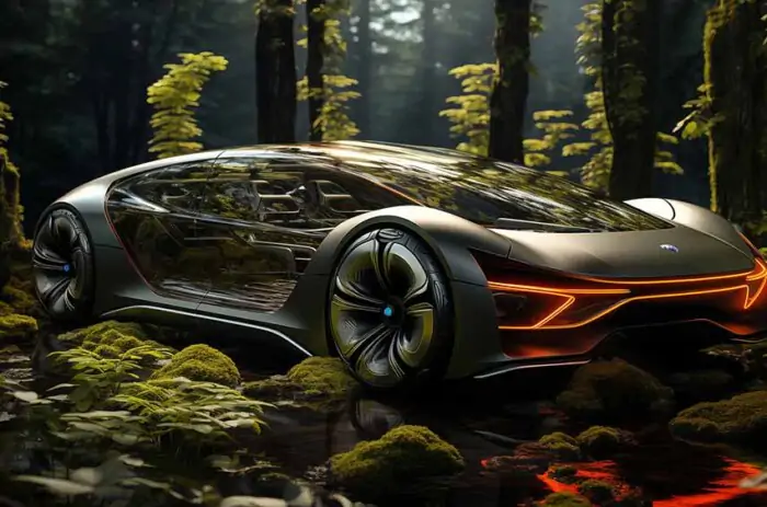 Futuristic eco-friendly concept car in misty forest, HD wallpaper 4K HD