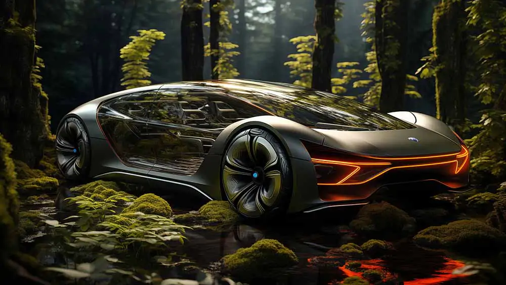 Futuristic eco-friendly concept car in misty forest, HD wallpaper 4K HD