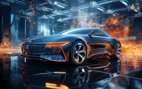 Fond d'écran HD 4K de concept de voiture de sport électrique bleue - Design futuriste, flammes et surfaces réfléchissantes. Téléchargement gratuit.