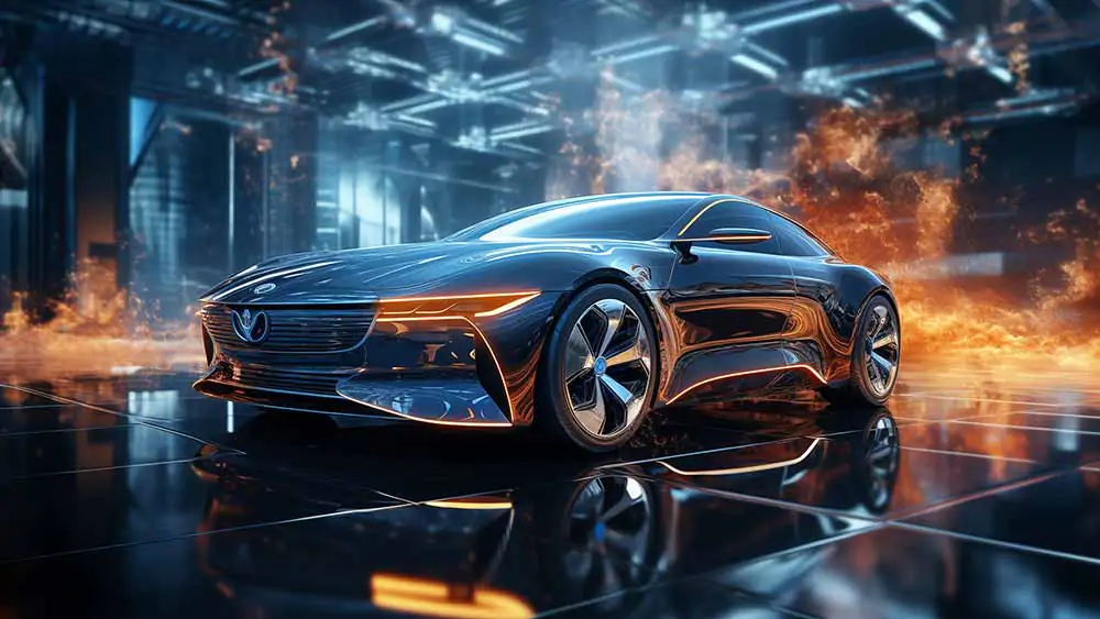 Fond d'écran HD 4K de concept de voiture de sport électrique bleue - Design futuriste, flammes et surfaces réfléchissantes. Téléchargement gratuit.