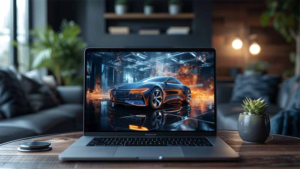 Fond d'écran HD 4K de concept de voiture de sport électrique bleue - Design futuriste, flammes et surfaces réfléchissantes. Téléchargement gratuit.