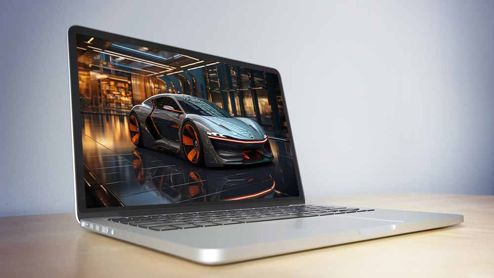 Concept car futuriste, gris métallisé avec des accents orange, salle d'exposition moderne, fond d'écran 4K HD gratuit