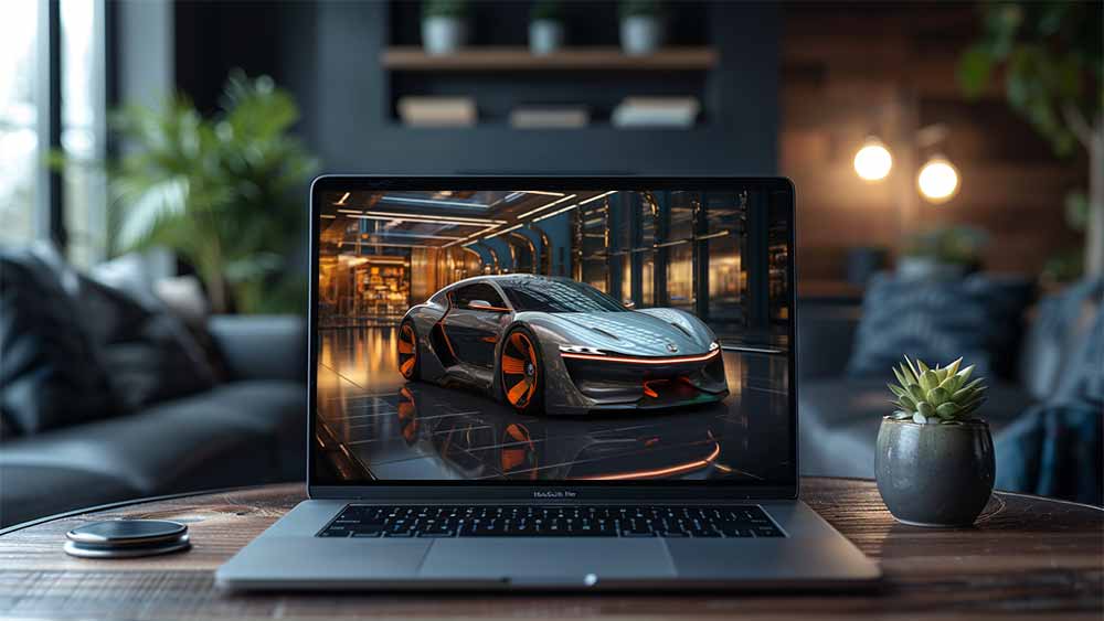 Concept car futuriste, gris métallisé avec des accents orange, salle d'exposition moderne, fond d'écran 4K HD gratuit