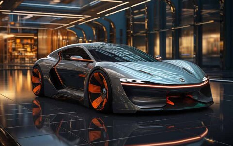 Concept car futuriste, gris métallisé avec des accents orange, salle d'exposition moderne, fond d'écran 4K HD gratuit