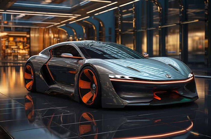 Concept car futuriste, gris métallisé avec des accents orange, salle d'exposition moderne, fond d'écran 4K HD gratuit