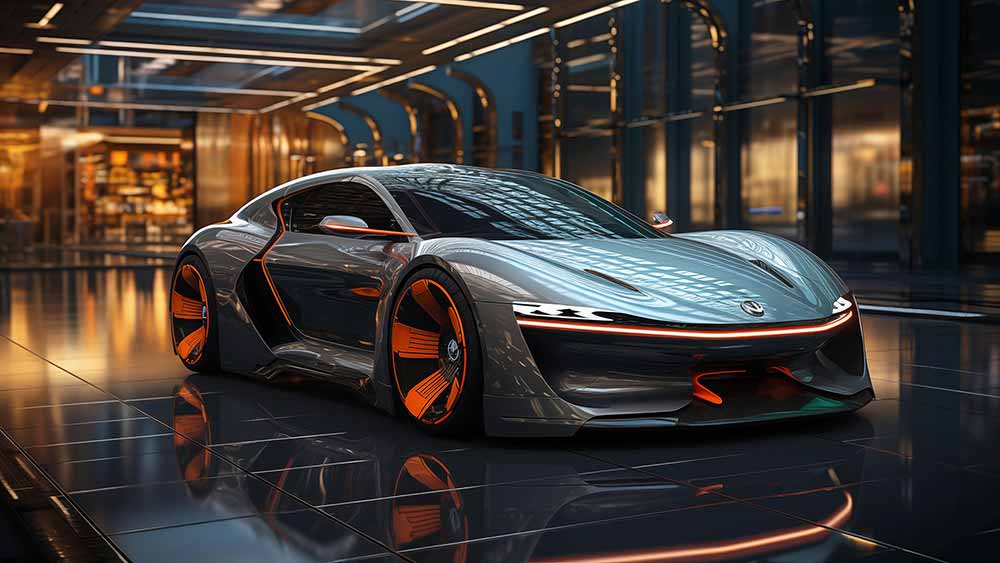 Concept car futuriste, gris métallisé avec des accents orange, salle d'exposition moderne, fond d'écran 4K HD gratuit