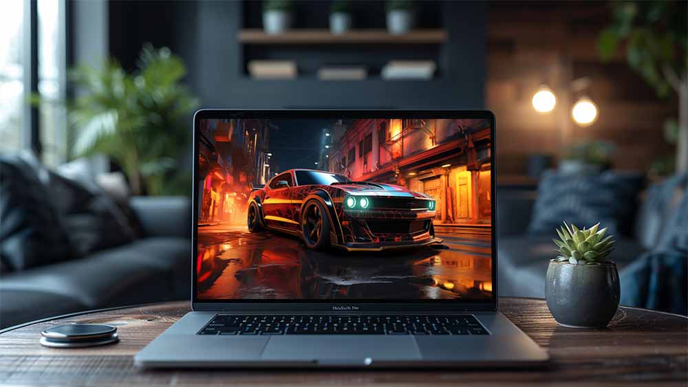 Fond d'écran de voiture Challenger Ford Mustang personnalisé Need for Speed Unbound, noir et rouge, rue de la ville au néon, chaussée mouillée, résolution 4K