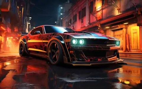 Need for Speed Unbound custom Challenger car wallpaper, black and red, neon city street, wet pavement, 4K resolution