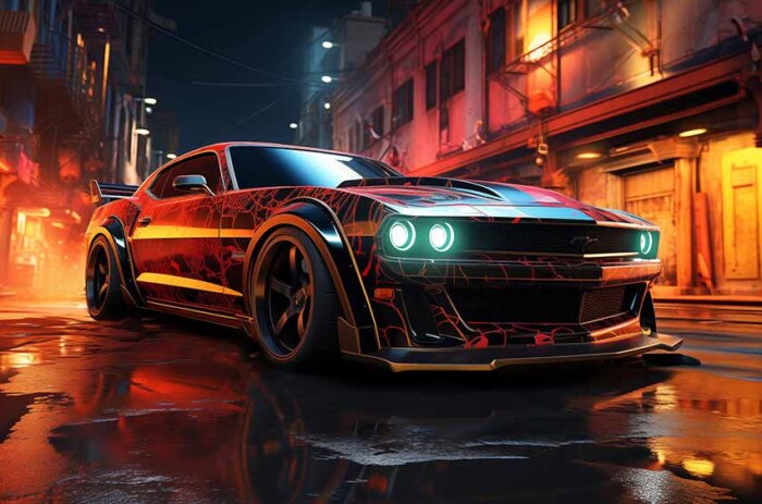 Fond d'écran de voiture Challenger Ford Mustang personnalisé Need for Speed Unbound, noir et rouge, rue de la ville au néon, chaussée mouillée, résolution 4K