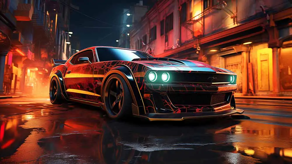 Need for Speed Unbound custom Challenger car wallpaper, black and red, neon city street, wet pavement, 4K resolution