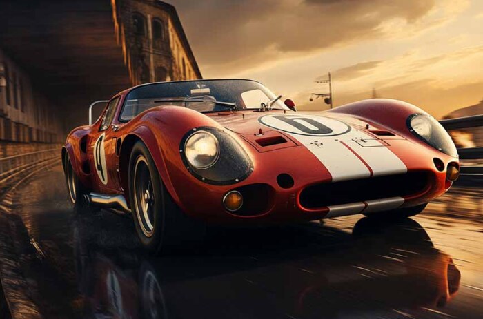 Voiture de course Ferrari 250 GTO sur un circuit de course urbain au coucher du soleil fond d'écran 4K gratuit