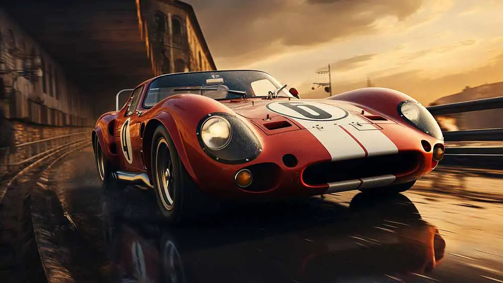 Voiture de course Ferrari 250 GTO sur un circuit de course urbain au coucher du soleil fond d'écran 4K gratuit