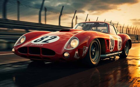 Voiture de course Ferrari 250 GTO roulant à toute vitesse sur une piste mouillée au coucher du soleil Fond d'écran HD 4K Téléchargement gratuit