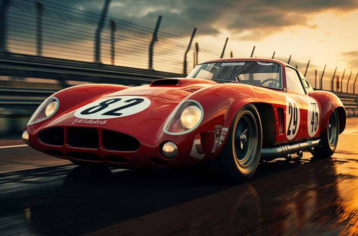 Voiture de course Ferrari 250 GTO roulant à toute vitesse sur une piste mouillée au coucher du soleil Fond d'écran HD 4K Téléchargement gratuit