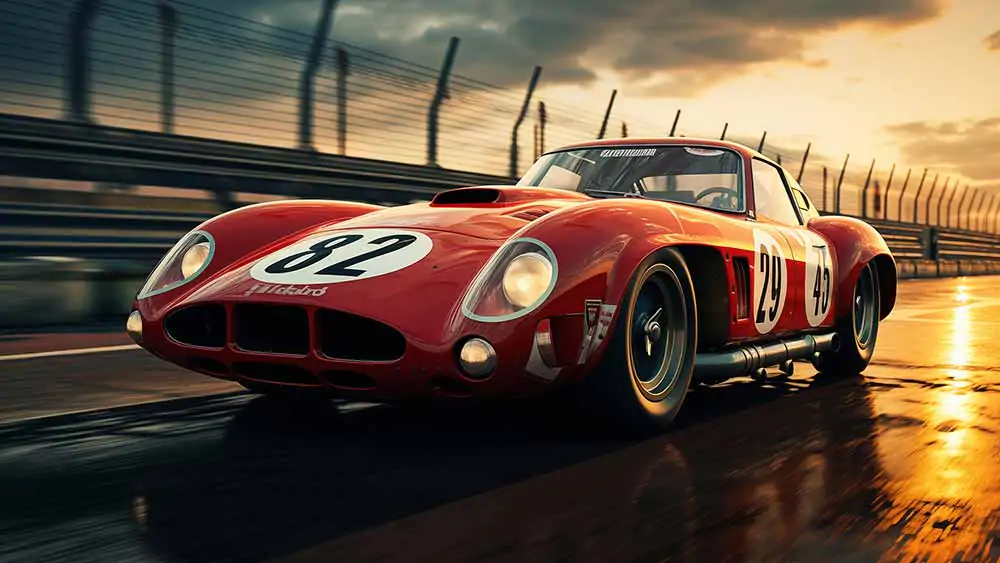 Voiture de course Ferrari 250 GTO roulant à toute vitesse sur une piste mouillée au coucher du soleil Fond d'écran HD 4K Téléchargement gratuit