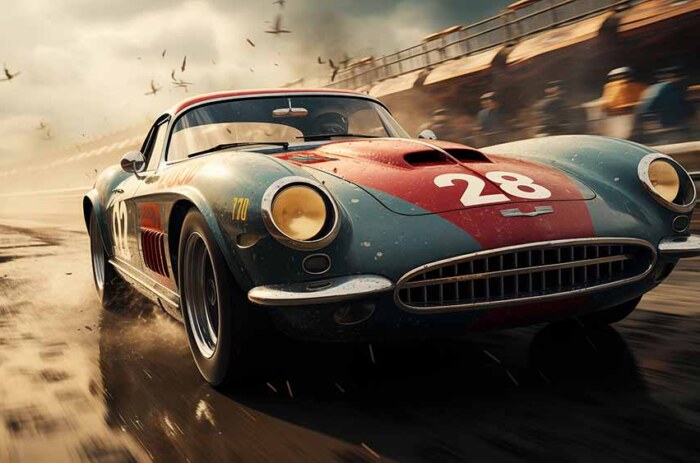 Voiture de course vintage roulant à toute vitesse sur la piste avec des oiseaux volant en arrière-plan gratuit
