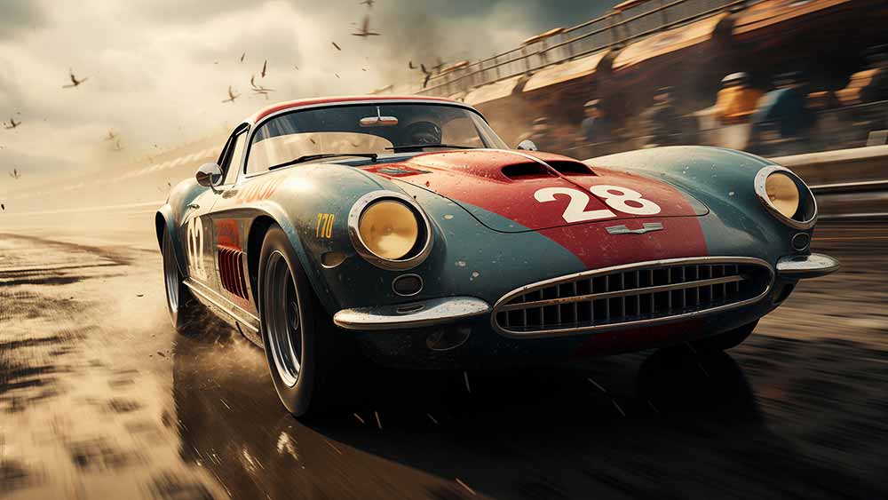 Voiture de course vintage roulant à toute vitesse sur la piste avec des oiseaux volant en arrière-plan gratuit