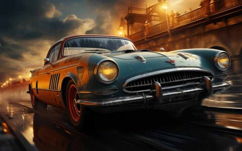 Voiture de course classique Chevrolet vintage, nuit, ville, pluie, fond d'écran, 4K, néons, vitesse, téléchargement gratuit