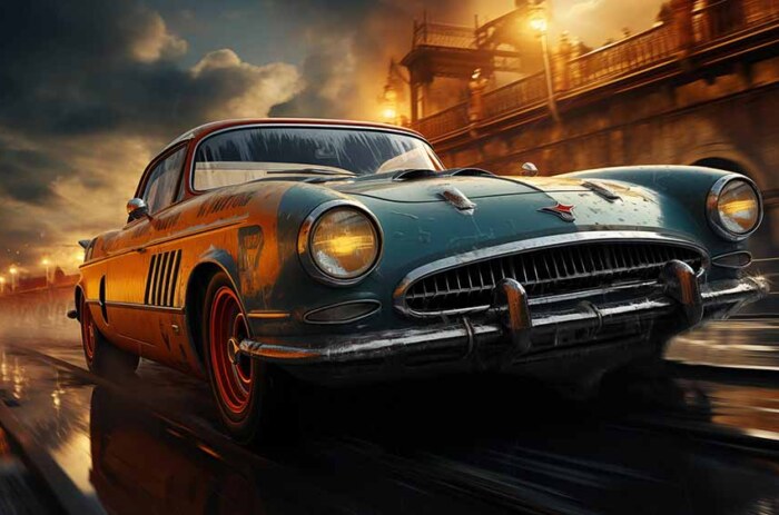 Voiture de course classique Chevrolet vintage, nuit, ville, pluie, fond d'écran, 4K, néons, vitesse, téléchargement gratuit