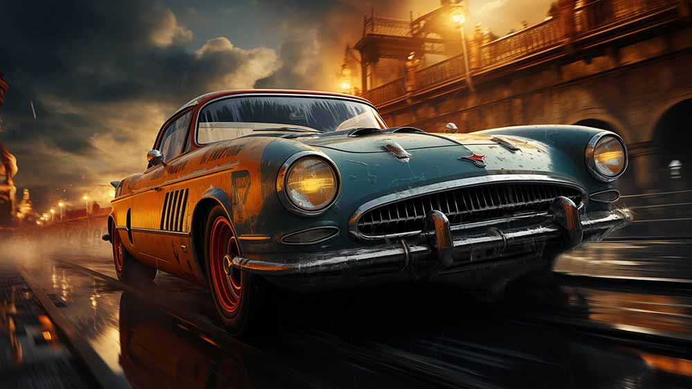 Voiture de course classique Chevrolet vintage, nuit, ville, pluie, fond d'écran, 4K, néons, vitesse, téléchargement gratuit