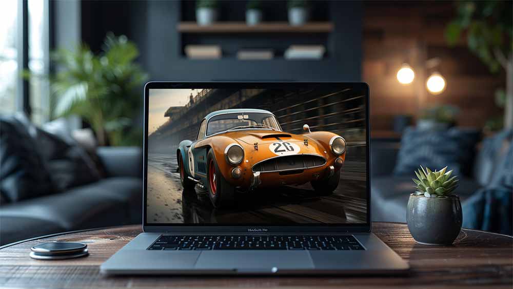 Voiture de course Shelby Cobra orange vintage roulant à toute vitesse sur la piste Fond d'écran HD 4K gratuit