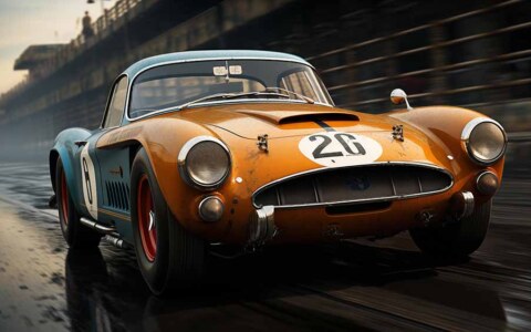 Voiture de course Shelby Cobra orange vintage roulant à toute vitesse sur la piste Fond d'écran HD 4K gratuit