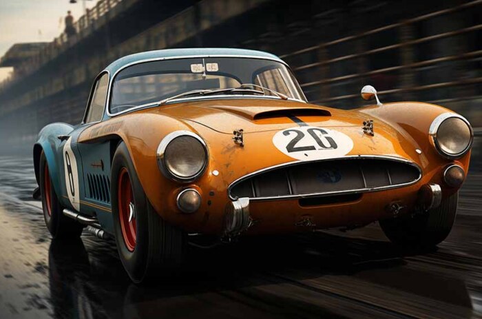 Voiture de course Shelby Cobra orange vintage roulant à toute vitesse sur la piste Fond d'écran HD 4K gratuit