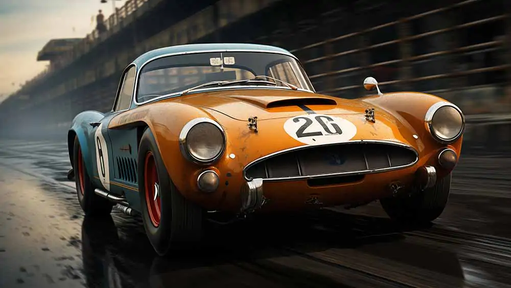 Voiture de course Shelby Cobra orange vintage roulant à toute vitesse sur la piste Fond d'écran HD 4K gratuit