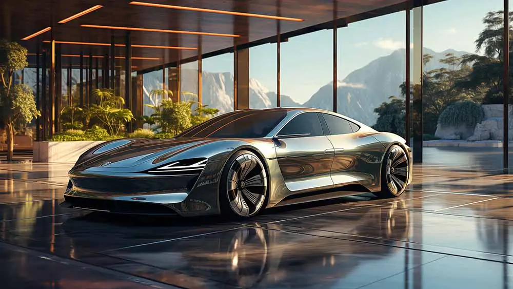 Fond d'écran de voiture électrique futuriste Porsche Taycan, gris, vue intérieure moderne, 4K