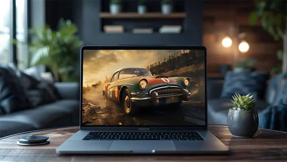 Voiture de course classique vintage roulant sur une route mouillée sous un ciel dramatique, disponible en HD et 4K en téléchargement gratuit.