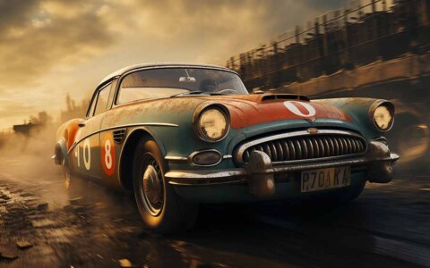 Voiture de course classique vintage roulant sur une route mouillée sous un ciel dramatique, disponible en HD et 4K en téléchargement gratuit.
