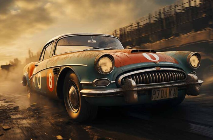 Voiture de course classique vintage roulant sur une route mouillée sous un ciel dramatique, disponible en HD et 4K en téléchargement gratuit.