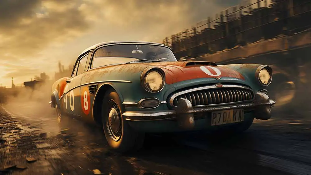 Voiture de course classique vintage roulant sur une route mouillée sous un ciel dramatique, disponible en HD et 4K en téléchargement gratuit.