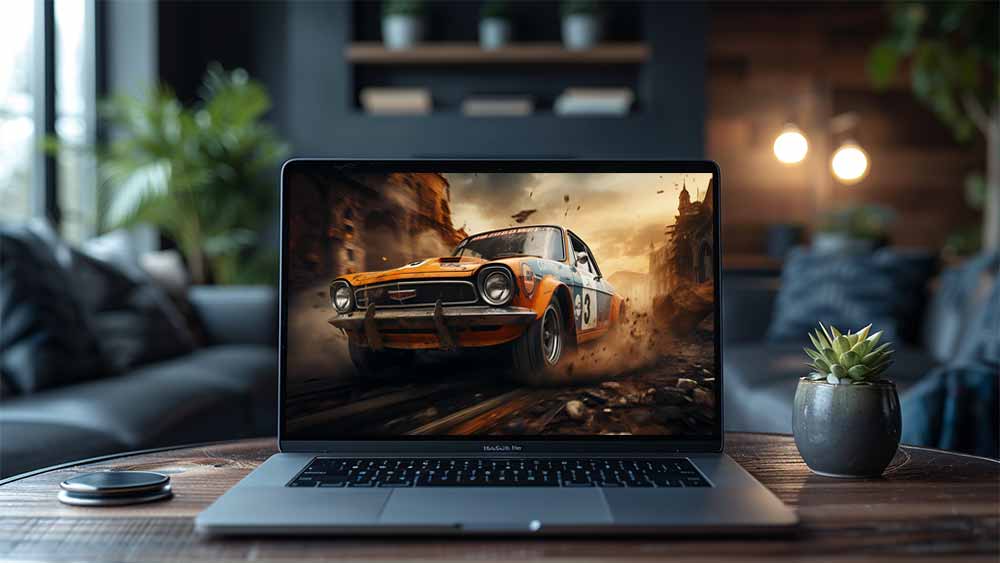 fond d'écran HD 4K d'une voiture de course vintage fonçant à travers une ville en ruine, poussière et débris, post-apocalyptique.