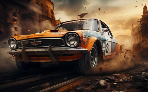 fond d'écran HD 4K d'une voiture de course vintage fonçant à travers une ville en ruine, poussière et débris, post-apocalyptique.