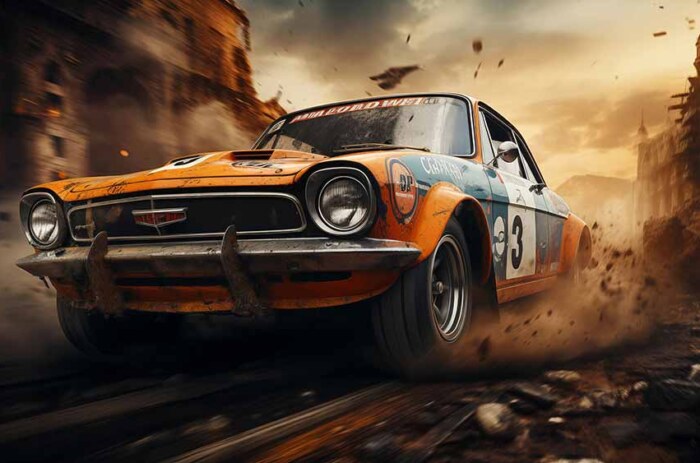 fond d'écran HD 4K d'une voiture de course vintage fonçant à travers une ville en ruine, poussière et débris, post-apocalyptique.